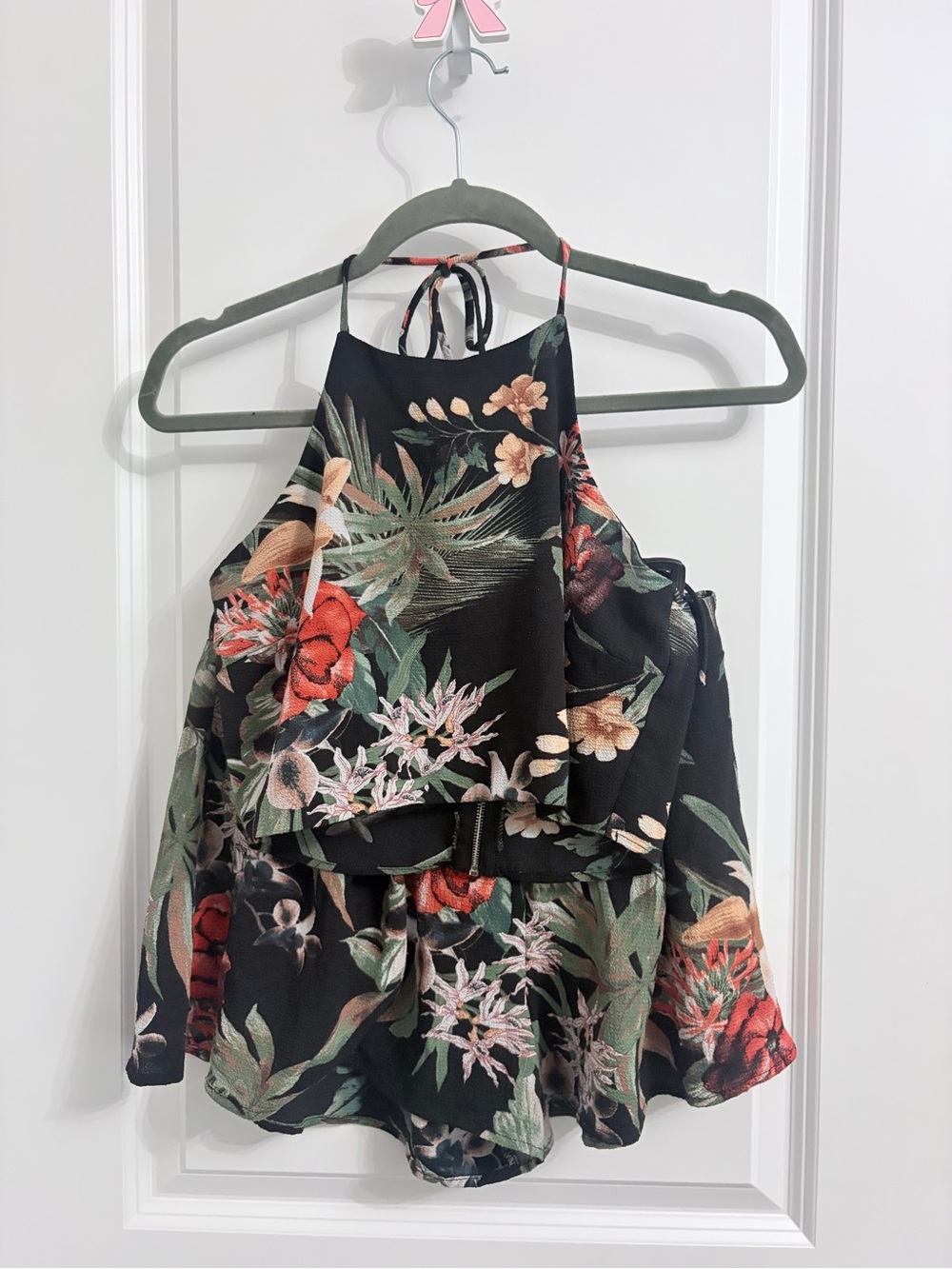 Windsor Black Floral Halter and shorts with Red and Green Accents
